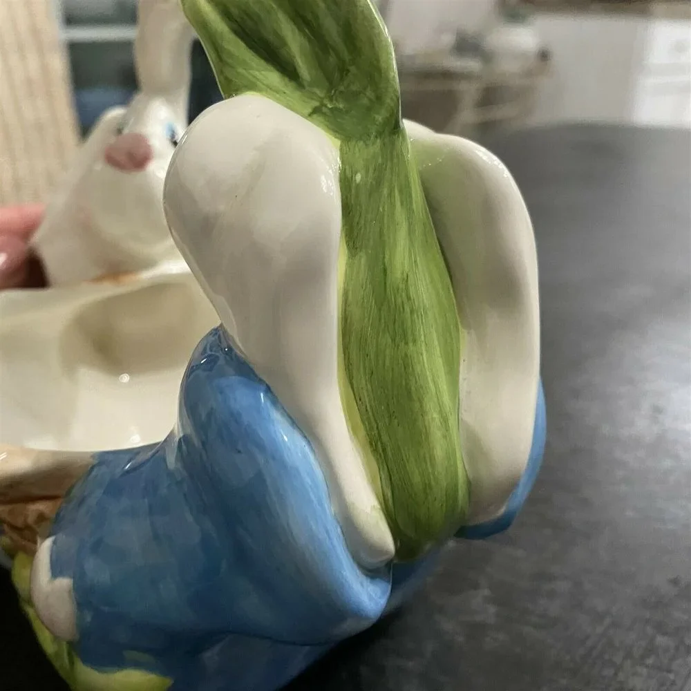 Vintage WCL Figural Bunny Rabbit Ceramic Basket Candy Bowl Dish Flowers Easter